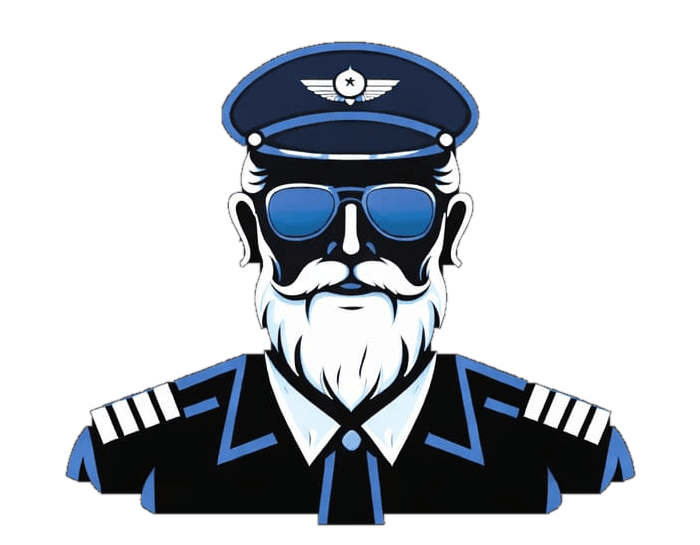 The Pilot Guru: a bearded captain in a peaked cap and aviator sunglasses